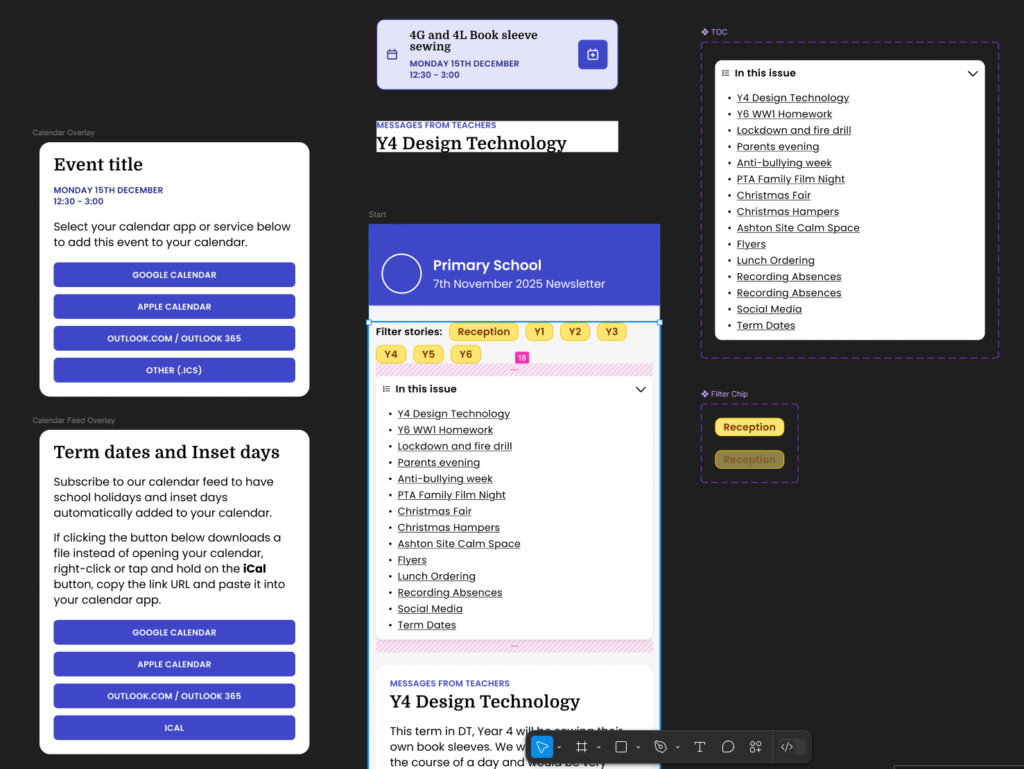 A screenshot of a Figma design window showing various design components of the newsletter front-end.