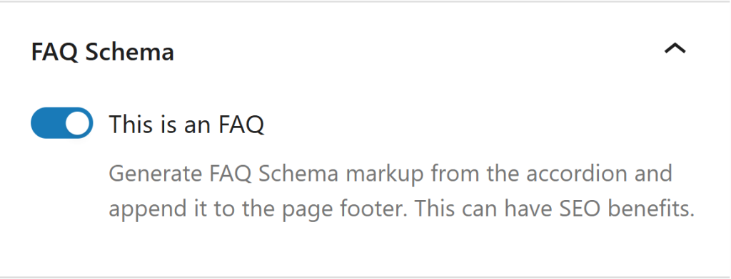 Screenshot showing the "This is an FAQ" toggle in the WordPress Block Editor settings panel.